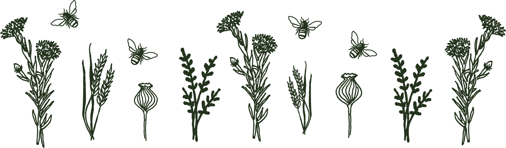 Pattern featuring cornflowers, wheat and bummble bees