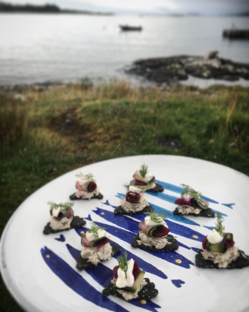 A scenic outdoor setting with a plate of gourmet canapés, featuring smoked fish, cucumber ribbons, and dill, overlooking a tranquil ocean view.