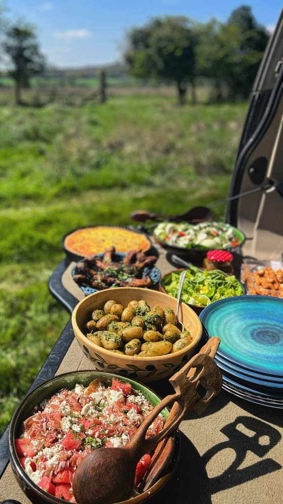 A farm-style outdoor buffet with fresh salads, potatoes, and grilled meats served in wooden and ceramic bowls on a sunny countryside backdrop.